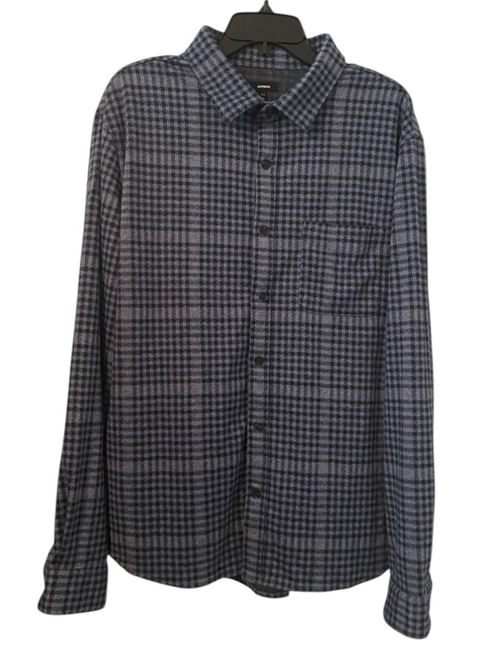 Express Men's Blue Black Herringbone Plaid Pocket Fleece Button Up Shirt Size XL